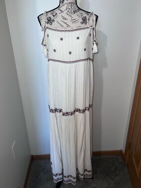 American Eagle Boho Embroidered Maxi Dress XL White Gauze Tiered Cottagecore